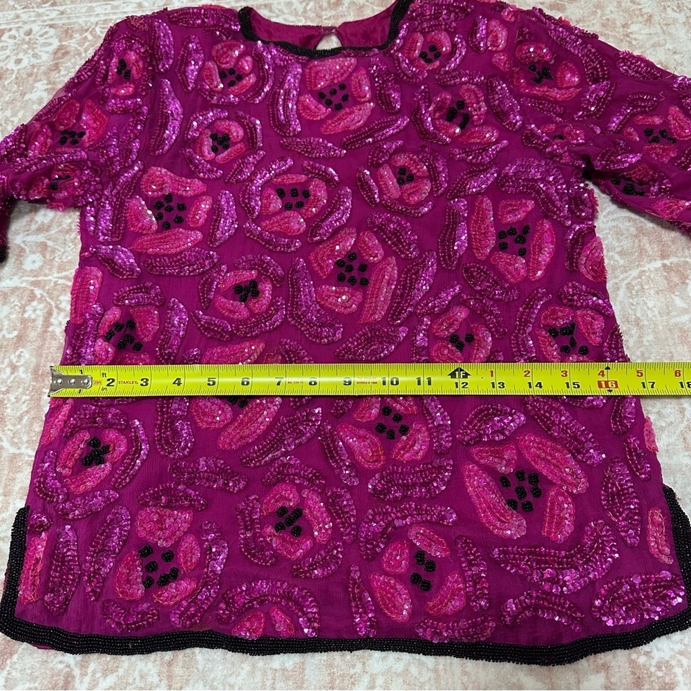Vintage 100% Silk Beaded Camellia Sequins Pink Top - Picture 15 of 16